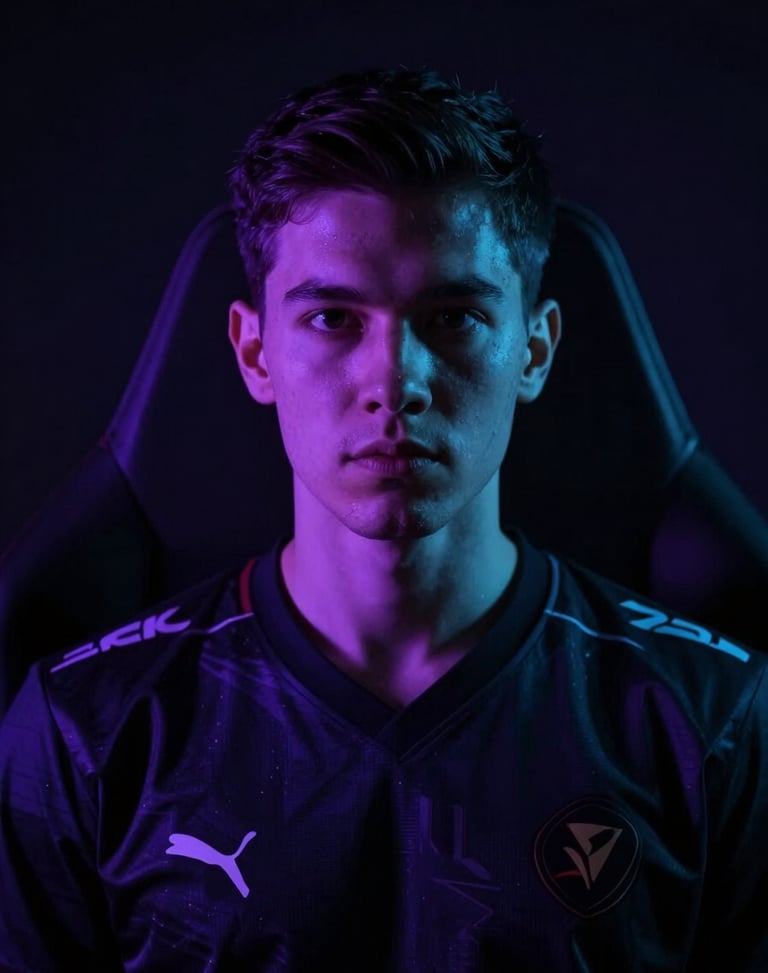 Dramatic low-key portrait of a professional esports player in a dark jersey, sharp violet rim lighting, deep shadows, looking intensely forward