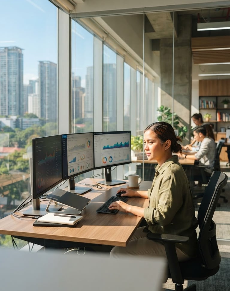 Bright modern office in Manila, clean glass partitions, professional digital marketer analyzing screens with natural Philippine sunlight streaming in, architectural depth.