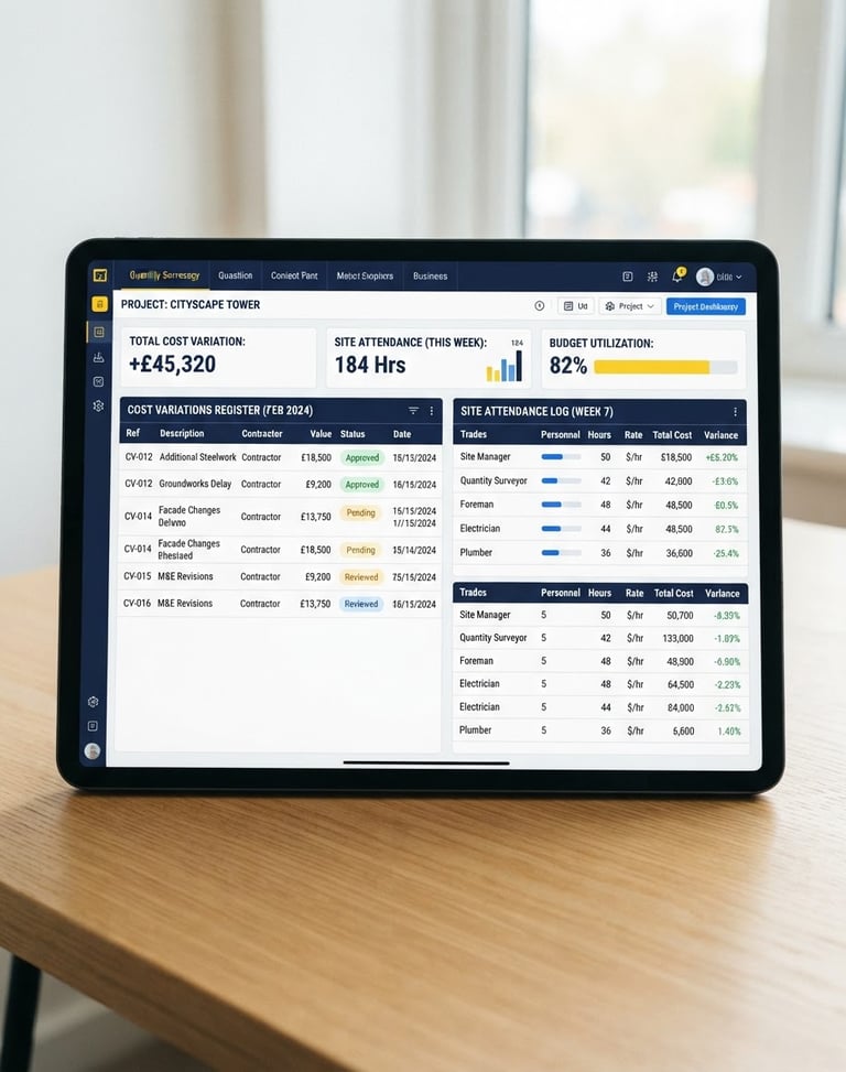 Straight-on clean UI mockup of a construction quantity surveying dashboard on a tablet screen, showing neat tables of cost variations and site attendance, bright natural daylight, sharp focus, 35mm