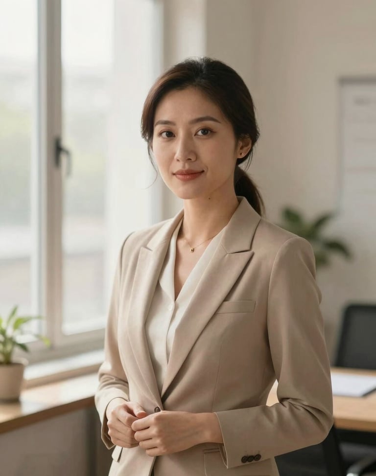 Soft environmental portrait of a warm, professional female insurance advisor in a calm office with natural window light