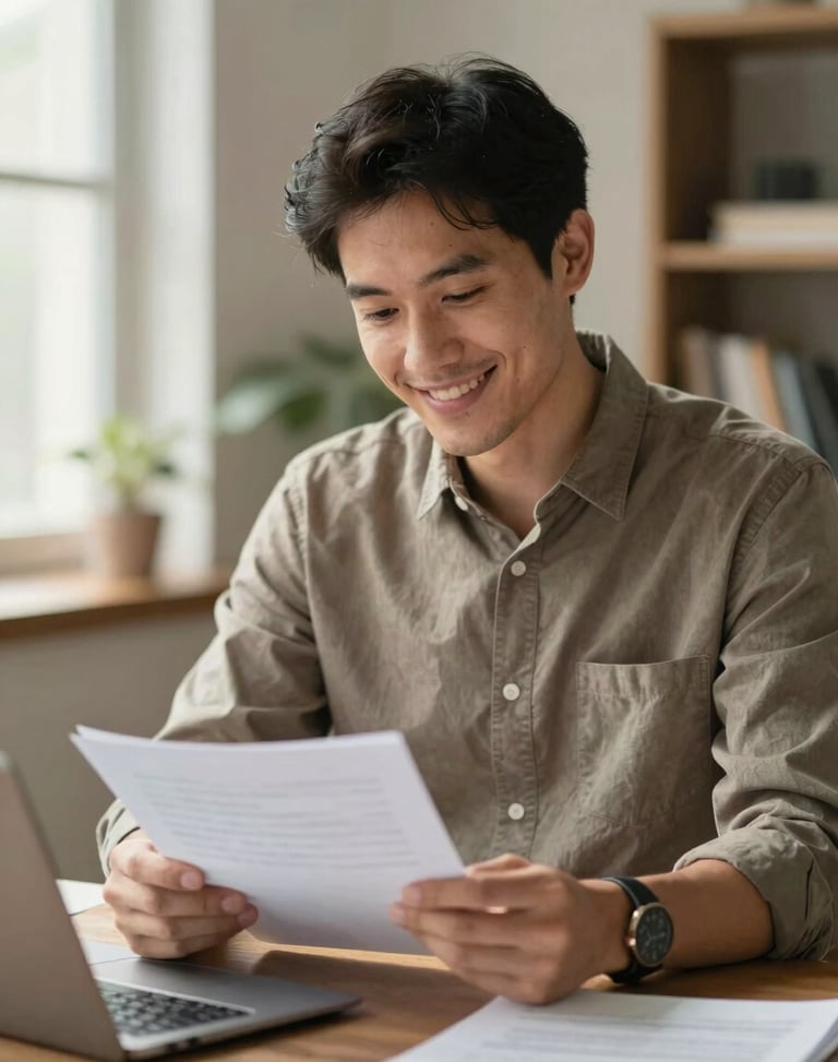 Soft environmental portrait of a smiling male insurance advisor reviewing documents in a warm, naturally lit workspace