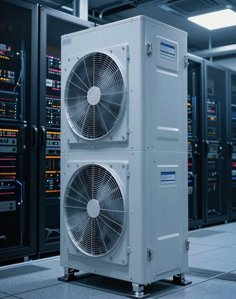 High-contrast commercial HVAC machinery inside a modern data center, rows of server racks under cool-toned ambient blue light, sharp technical details, 35mm.