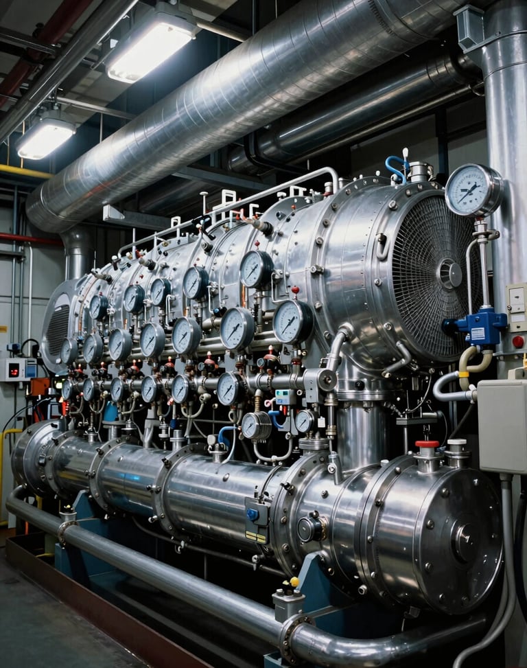 Industrial photography of a marine vessel engine room, high-contrast cool steel tones, massive cooling pipes with digital manifold gauges, dramatic work lights, 35mm.