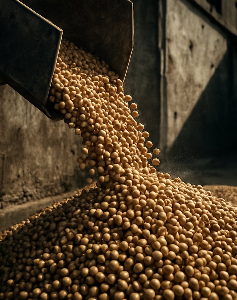 Gritty industrial photography of raw soybeans pouring from a metal chute, harsh natural sunlight, high-contrast desaturated earth tones.