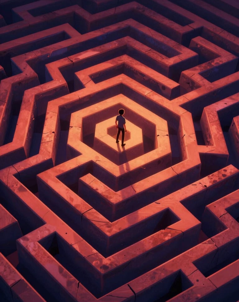 vibrant digital animation still, dramatic cinematic lighting, rich saturated tones, crisp high-fidelity render, vertical poster of a shifting charcoal maze with a single figure