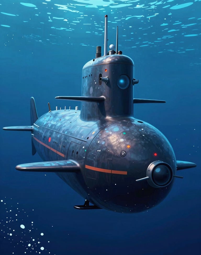 vibrant digital animation still, dramatic cinematic lighting, rich saturated tones, crisp high-fidelity render, vertical poster of a research submarine in deep frozen waters