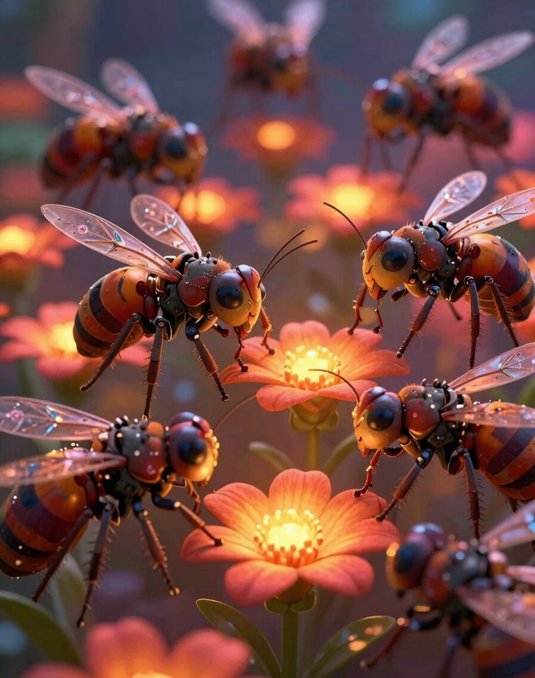 vibrant digital animation still, dramatic cinematic lighting, rich saturated tones, crisp high-fidelity render, vertical poster of mechanical insects tending glowing flowers