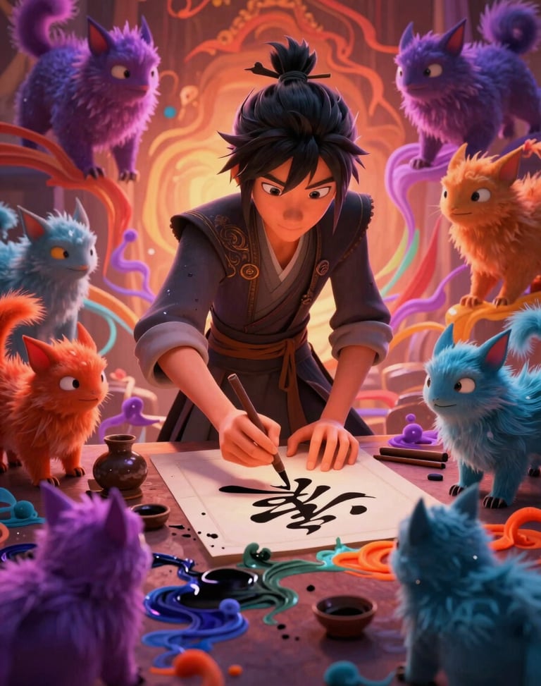 vibrant digital animation still, dramatic cinematic lighting, rich saturated tones, crisp high-fidelity render, vertical poster of a calligrapher surrounded by magical ink beasts