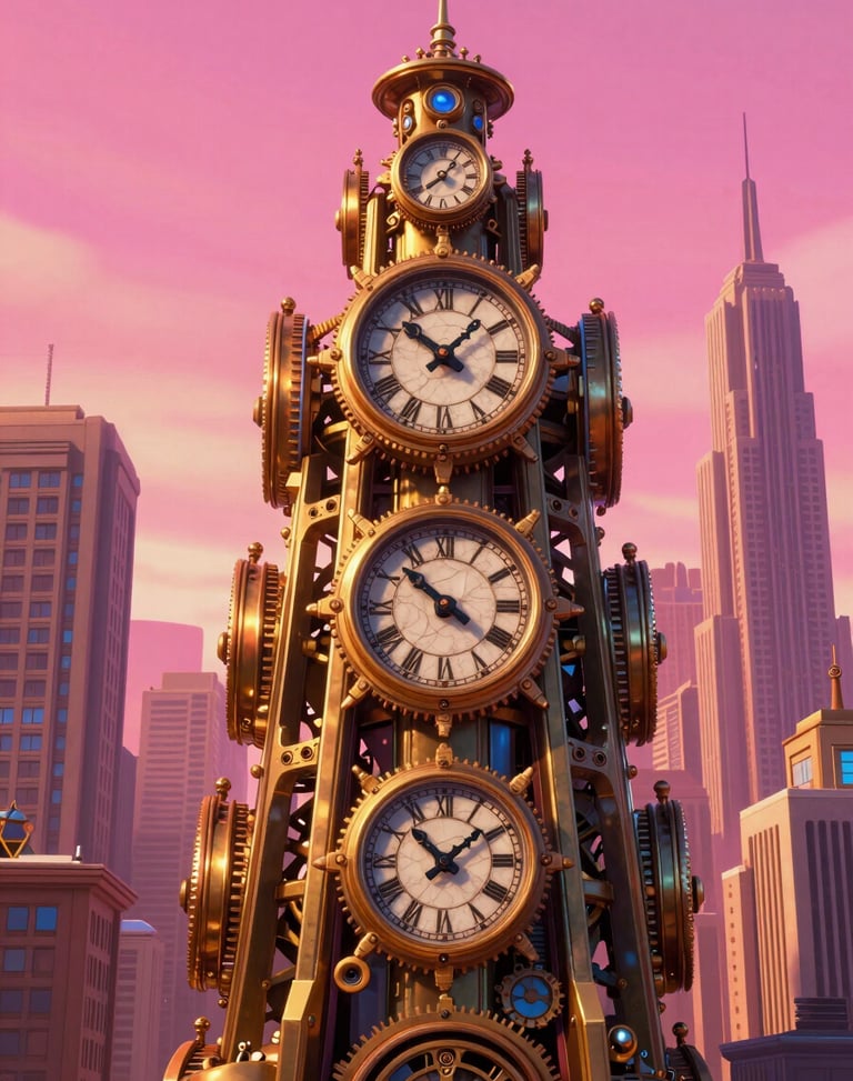 vibrant digital animation still, dramatic cinematic lighting, rich saturated tones, crisp high-fidelity render, vertical poster of a clockwork metropolis under a pink sky