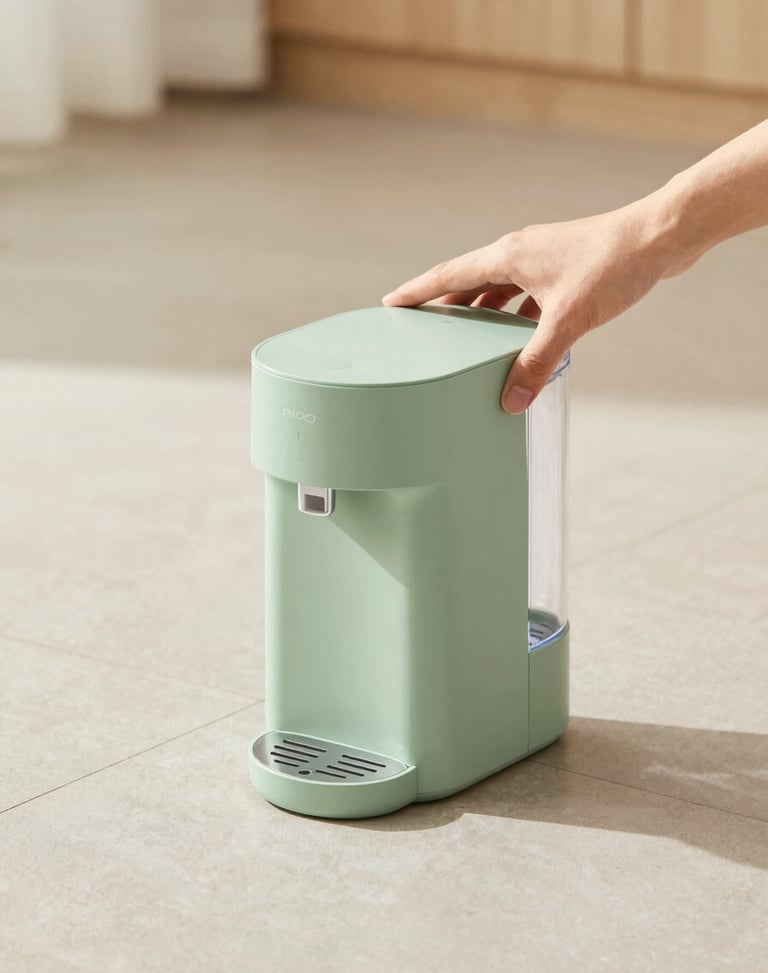 Hands placing a sleek, sage-green pet water dispenser on a clean tiled floor, soft natural daylight, warm neutral tones, crisp focus.