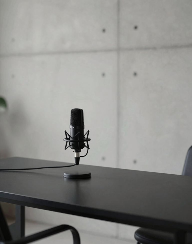 Wide angle, soft diffused architectural interior lighting, a minimalist creator studio setup with a high-end microphone on a matte black desk, concrete wall background, clean and professional.