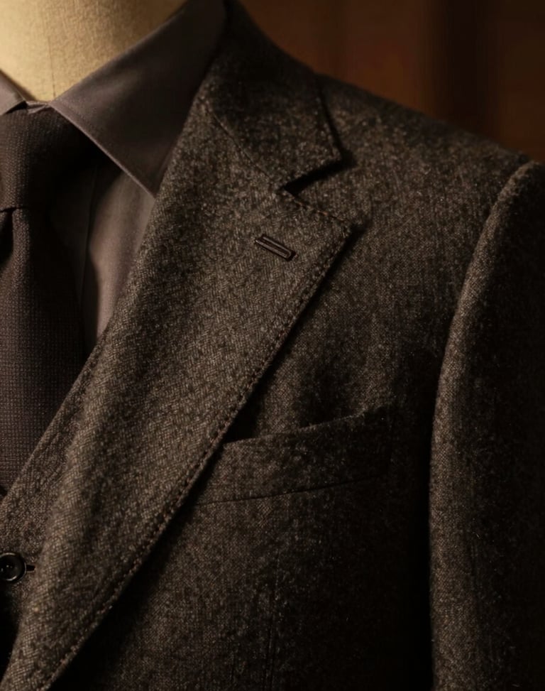 Close-up of a perfectly tailored charcoal wool suit jacket collar and hand-stitched lapel, dramatic side lighting, warm amber tones, shallow depth of field, dark moody photography, 35mm