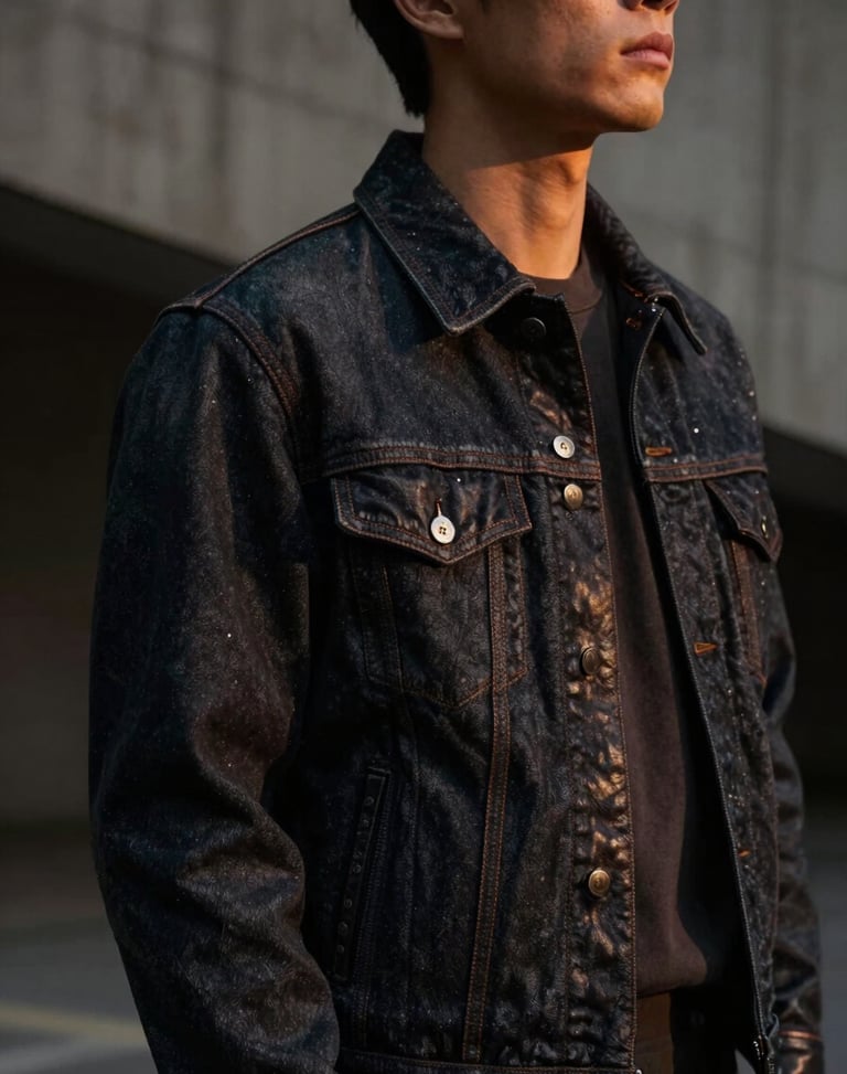 Candid shot of a man in high-end casual wear, premium denim jacket and leather details, architectural concrete background, moody low-key lighting, dark moody photography, rich charcoal and warm amber tones, 35mm