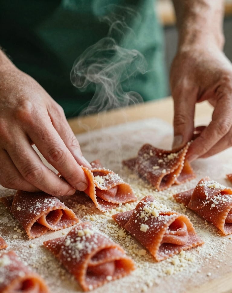 Close-up of fresh handmade pasta being plated, steam rising, hands dusting parmigiano, soft natural side-light, rich crimson tones, shallow depth of field.