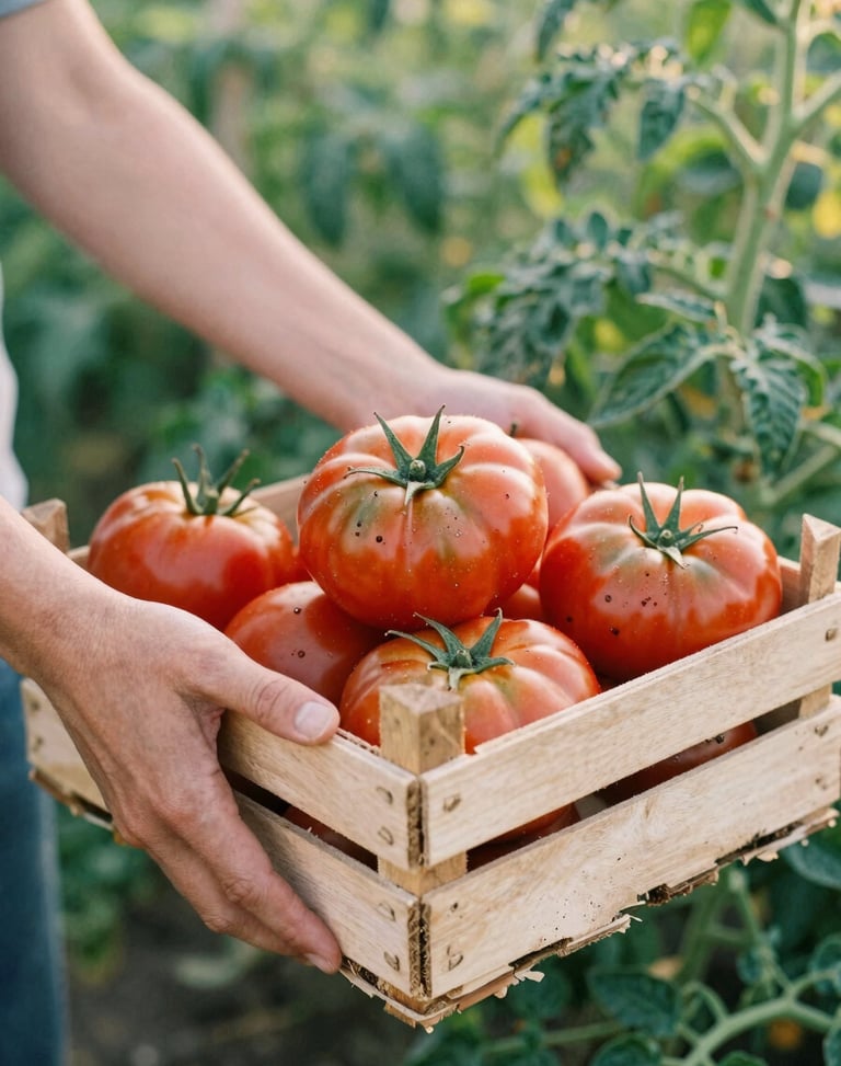 Hands holding freshly harvested heirloom tomatoes in a wooden crate, soil visible on fingers, soft morning light in an organic farm field.