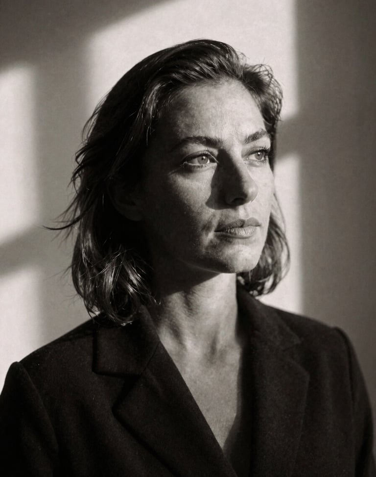 Grainy black and white portrait of a female director looking thoughtfully off-camera, soft natural backlight, atmospheric shadows, 35mm film