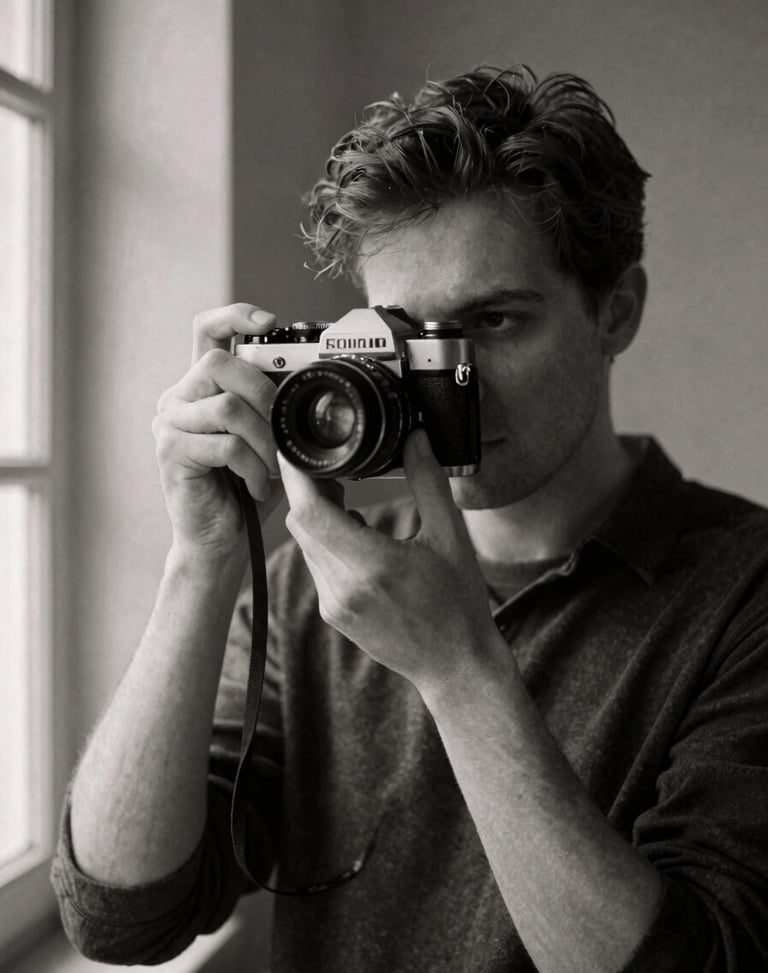 Grainy black and white portrait of a male filmmaker holding a classic rangefinder camera, soft window light, deep charcoal shadows, 35mm film