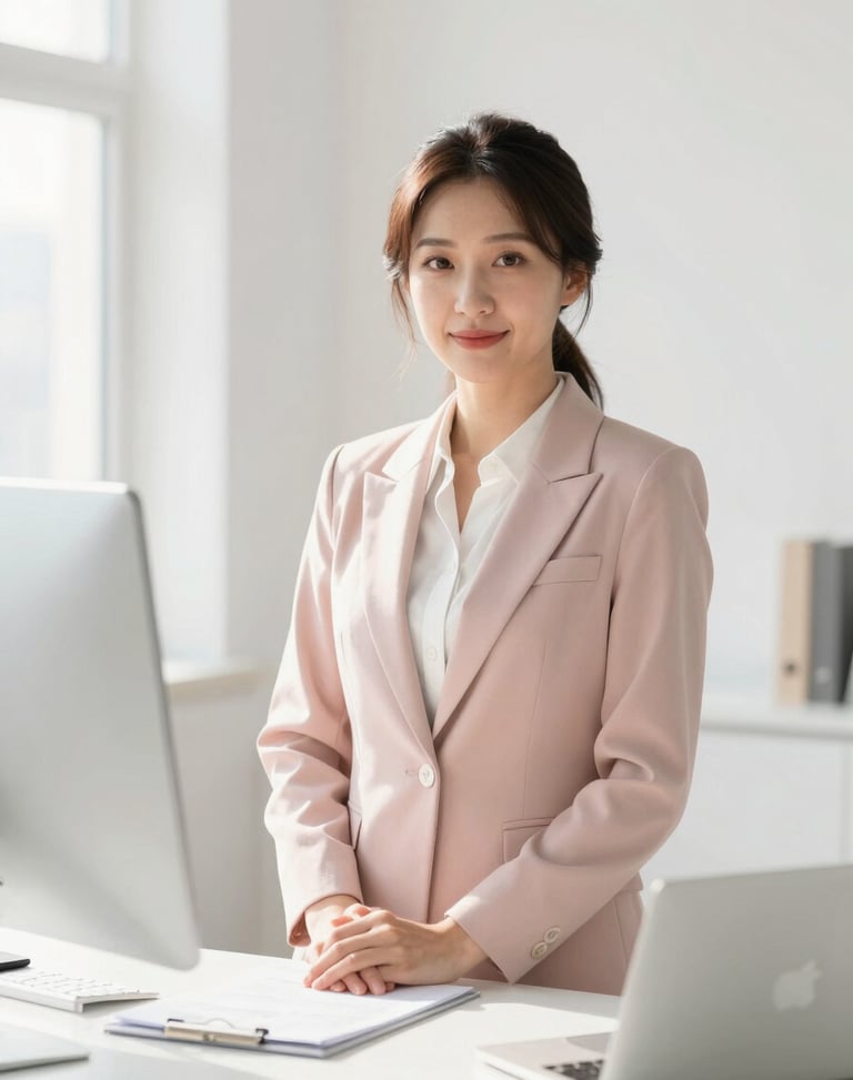 A professional portrait of a female financial advisor in a bright sun-drenched workspace, soft pastel accents, warm confident expression