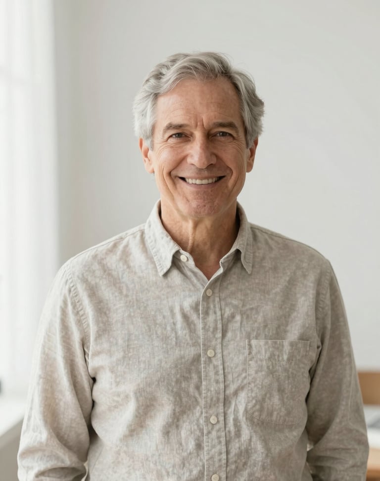 A professional portrait of a senior male consultant in a bright airy studio, soft morning light, warm approachable smile, neutral linen background