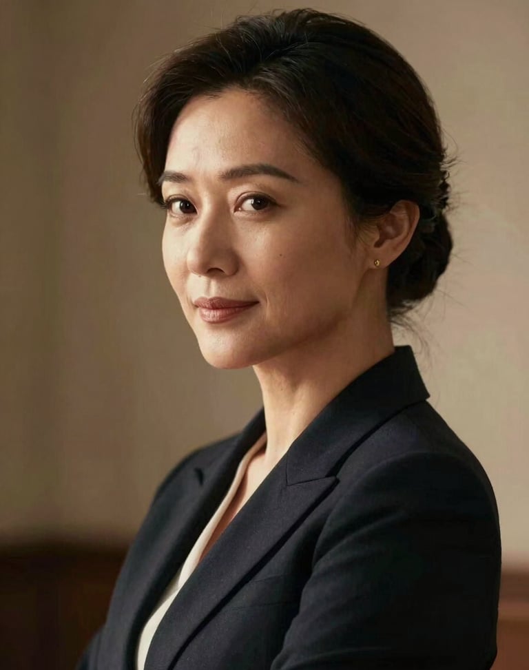 Cinematic portrait of a female leader looking confidently past the camera, soft warm lighting highlighting her profile, deep shadows, elegant and authoritative atmosphere.