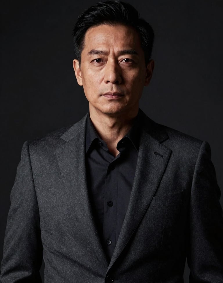 High-contrast portrait of a male executive in a tailored charcoal suit, dramatic chiaroscuro lighting with a single warm key light, dark studio background, editorial style.