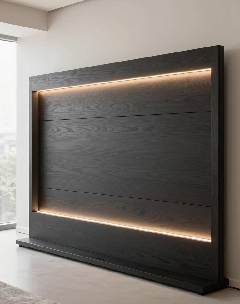 Bespoke TV backdrop with integrated warm LED linear lighting, dark charcoal wood slats, clean cable management, minimalist design