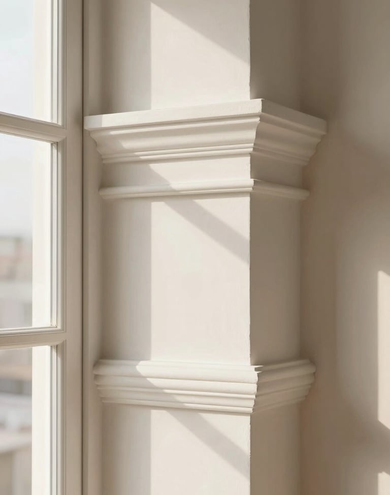 Straight-on architectural detail of classical wall moulding, pristine matte paint finish, seamless joints, warm afternoon side light