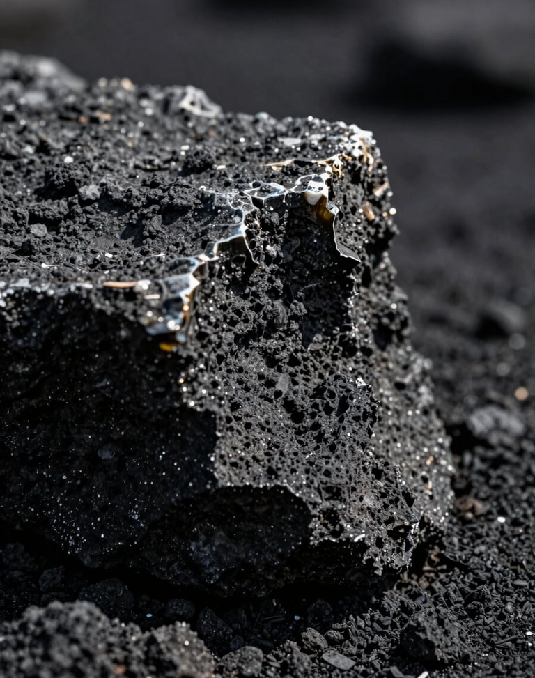 A macro, high-contrast photograph of volcanic glass catching razor-sharp side light, revealing rough weathered textures and sharp edges against a deep charcoal background.