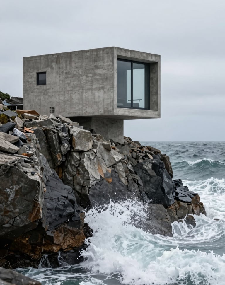 Overcast dramatic shot of a modern board-formed concrete cabin perched high on a rocky cliff, cold sea-foam white waves crashing below.