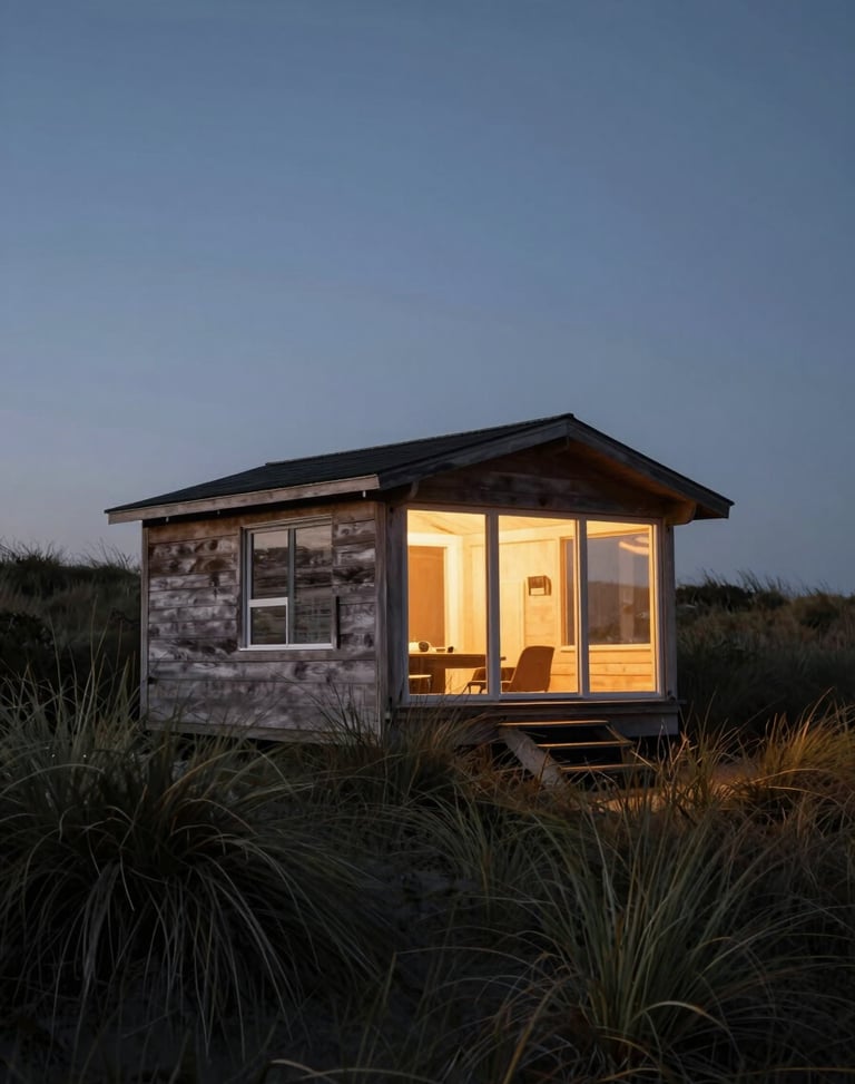 Moody dusk shot of a low-profile weathered cedar cabin nestled in wild coastal dunes, warm interior light glowing through large glass panes.