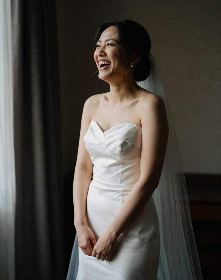 A bride laughing genuinely during preparation, natural window light, deep shadows, rich editorial photography.