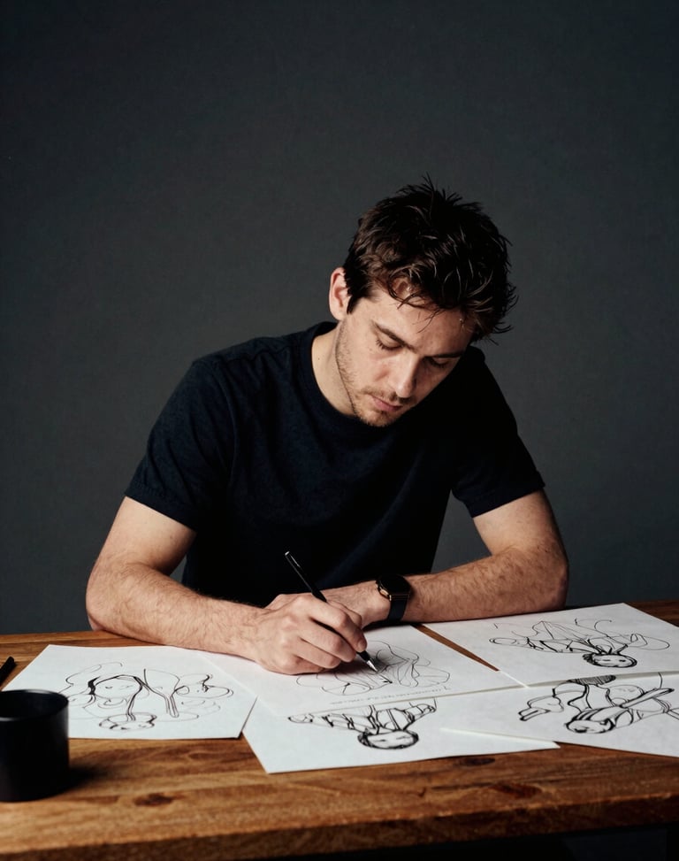An independent designer focusing intently on sketching at a wooden desk, soft ambient studio light, environmental portrait.