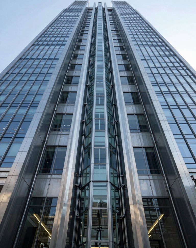 Wide-angle architectural photograph of a modern commercial skyscraper lobby with a central glass elevator core, cool daylight, high-contrast steel textures.