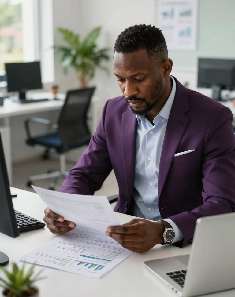 A professional Jamaican man consultant reviewing financial spreadsheets in a modern, sunlit Kingston workspace, sharp focus, editorial photography.