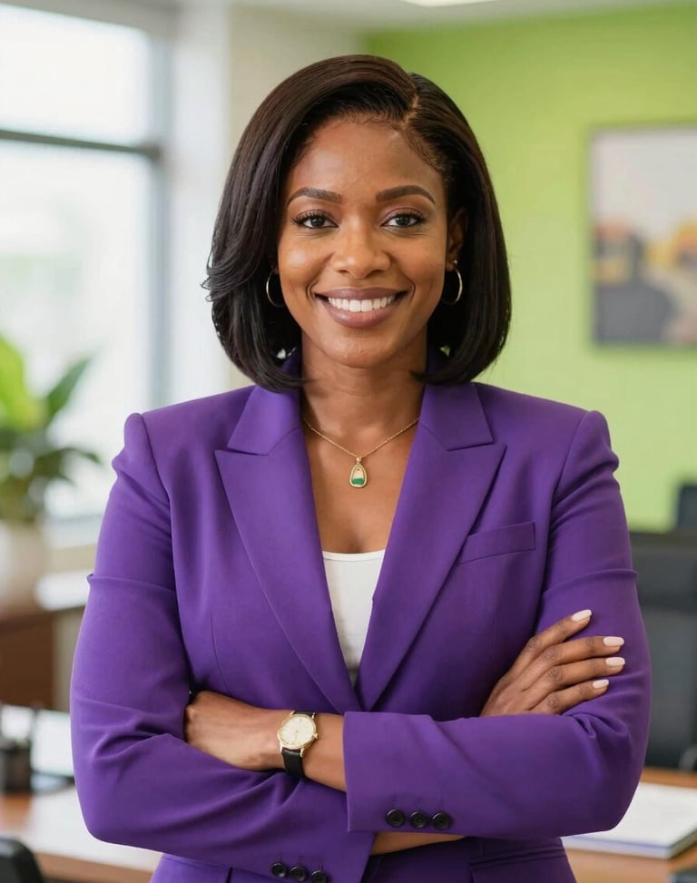 A professional Jamaican woman consultant in a bright Kingston office, wearing a structured purple blazer, smiling confidently, 35mm lens, sharp focus.