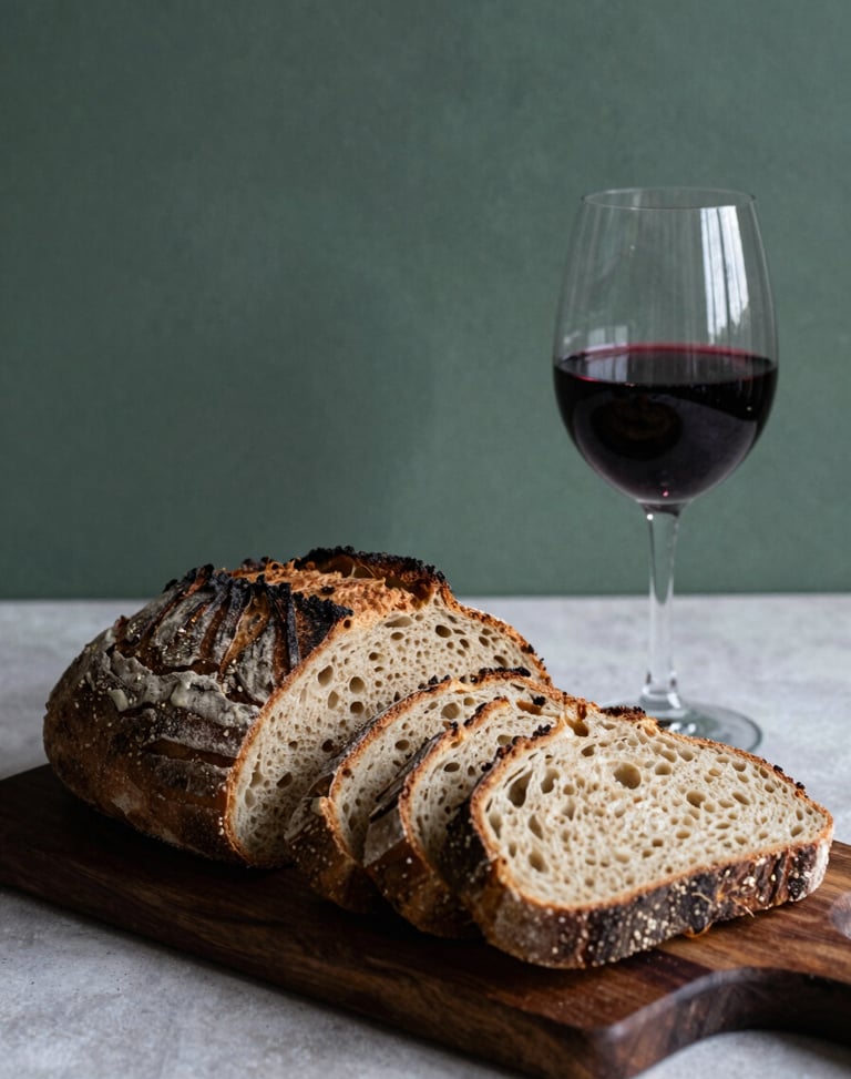 Artisanal sourdough bread sliced on a dark wood board, a glass of natural red wine beside it, moody side lighting, high contrast shadows.