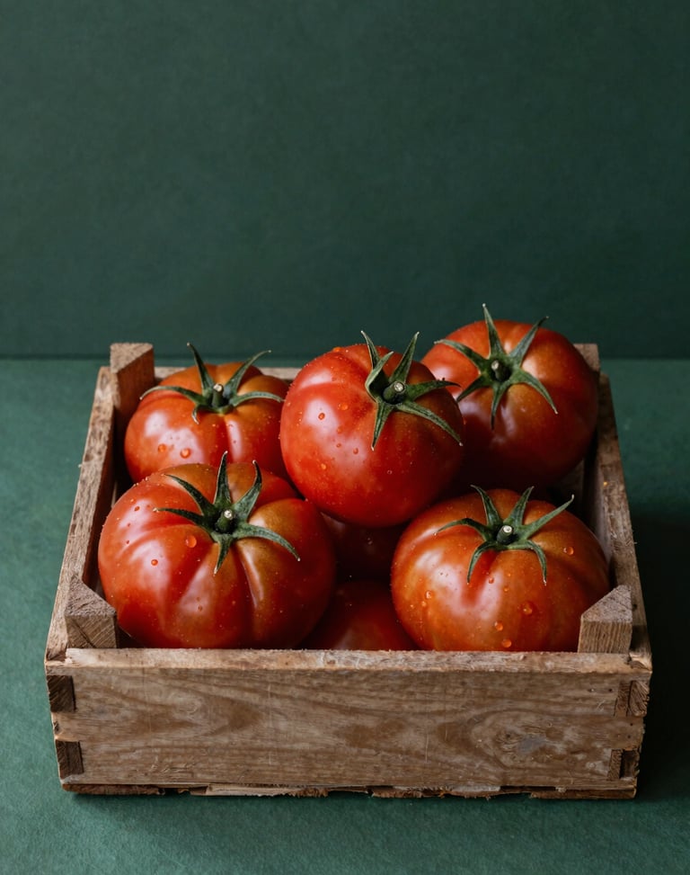 Overhead view of raw organic heirloom tomatoes in a rustic wooden crate, deep forest green background, natural morning light.