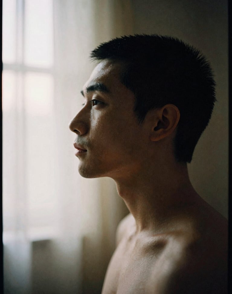Classical medium-format film portrait of an artist in profile, soft chiaroscuro lighting, deep shadows, rich ivory tones