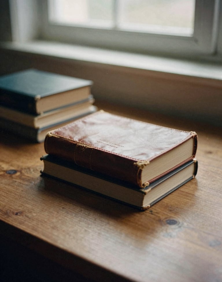 Still life film photography of worn leather books on a wooden table under soft window light, chiaroscuro
