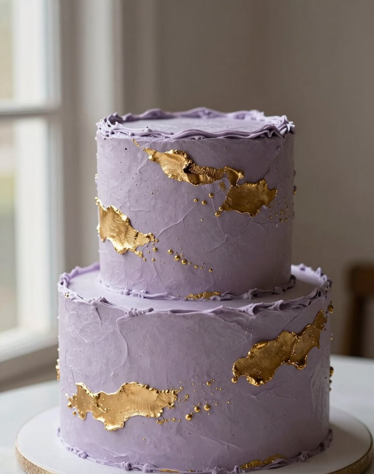 A sophisticated two-tier anniversary cake with textured lavender buttercream and elegant brushed gold details, editorial food photography.