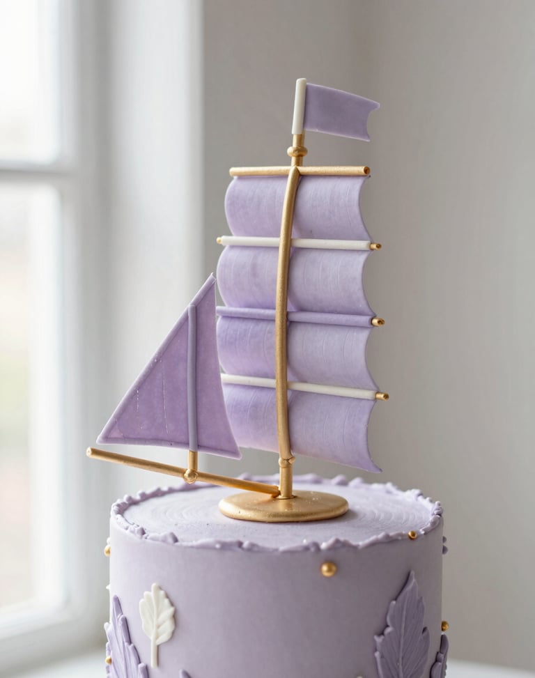 An artistic luxury birthday cake featuring modern sculpted sugar sails and delicate pastel lavender details, soft window light.