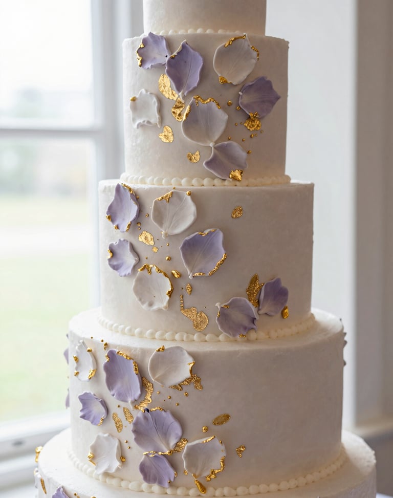 Close-up of a majestic four-tier wedding cake with delicate hand-sculpted sugar petals and gold leaf accents, soft natural lighting.