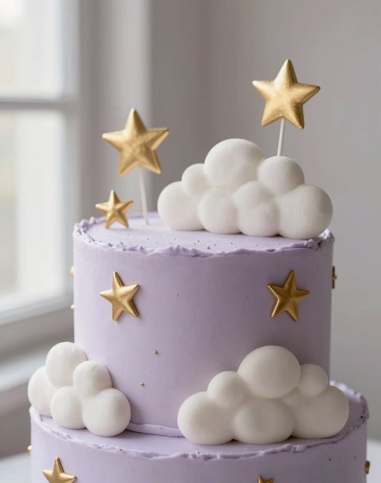 A dreamy baby shower cake with soft hand-sculpted clouds and elegant gold stars, illuminated by gentle morning light.