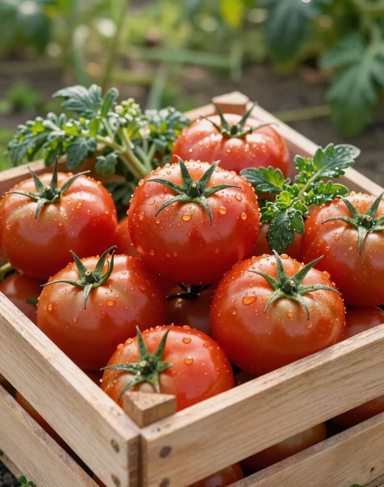 A wooden crate filled with freshly harvested heirloom tomatoes and herbs, morning dew visible, soft natural scandinavian daylight on a farm.
