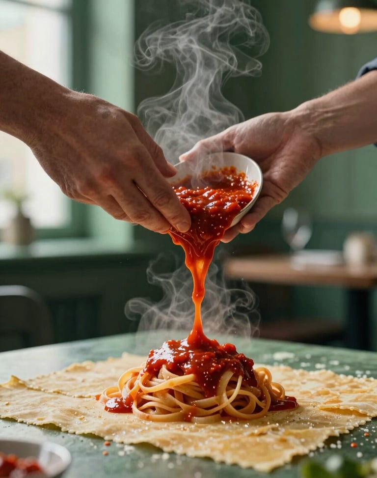 Tight editorial crop of hands pouring rich red sauce over freshly handmade pasta, steam rising, moody soft lighting, scandinavian restaurant interior.