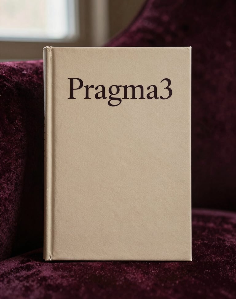 A beautifully textured book cover titled 'Pragma' standing upright against a dark plum velvet backdrop, soft champagne lighting, shallow depth of field, 35mm.