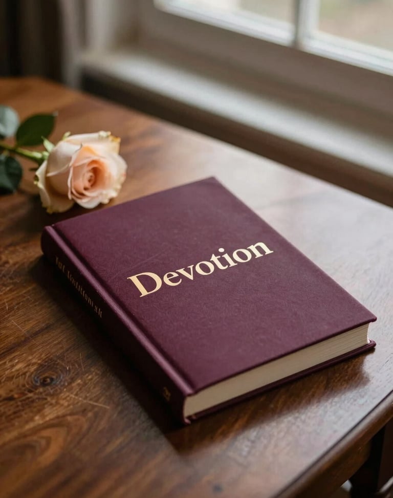 A richly bound book cover titled 'Devotion' resting on a polished mahogany table beside a single champagne rose, warm low-key window light, 35mm.