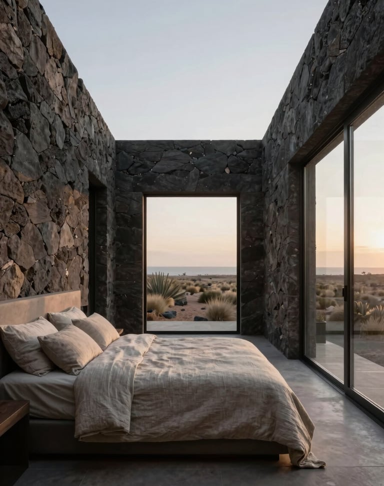 Minimalist architectural suite at Casa Kula, textured stone walls, raw linen bedding, soft morning light through large windows