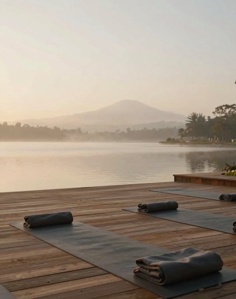 A quiet wooden yoga shala at CobAnanda overlooking the lake, soft morning mist, minimalist design