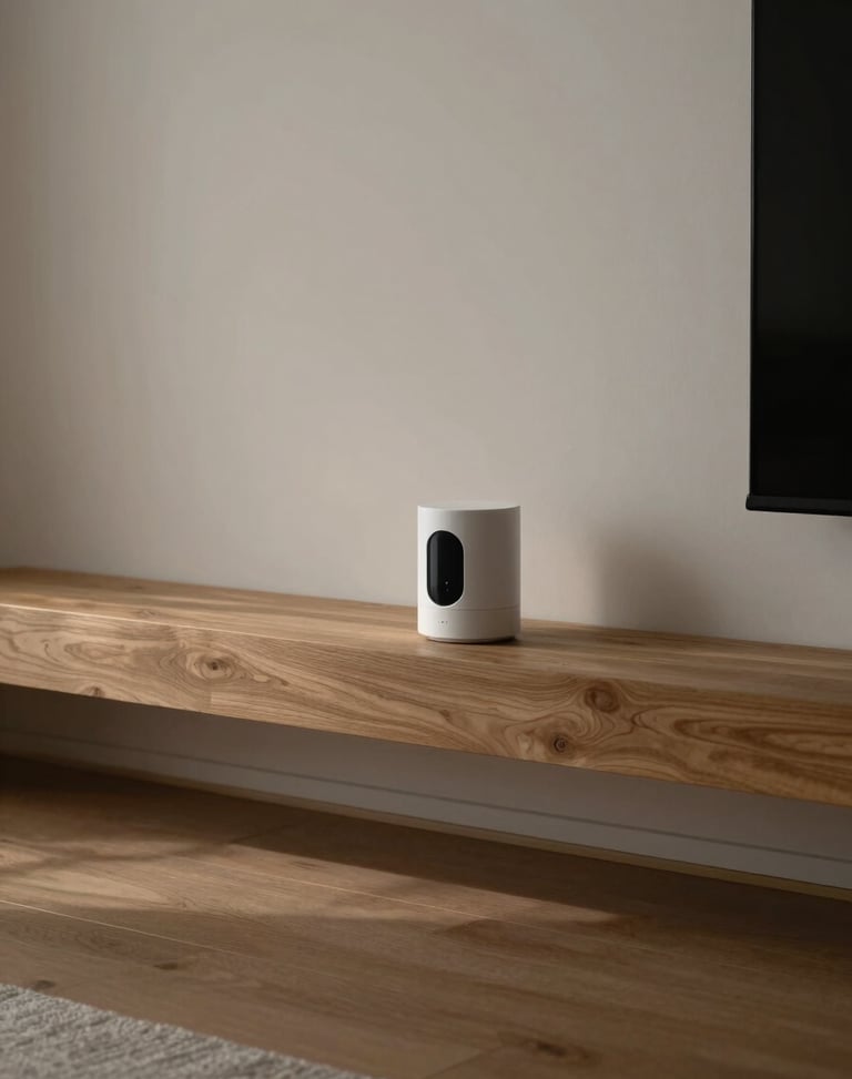Wide architectural composition of a softly lit minimalist living space, an unobtrusive ambient sensor resting quietly on a wooden shelf in the background.